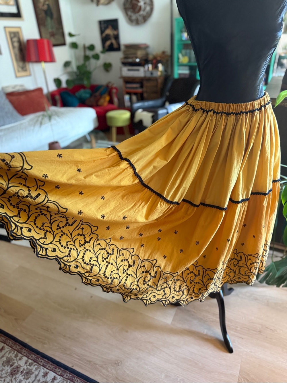 Hand made Vintage Embroidered Golden Yellow Boho Midi Skirt